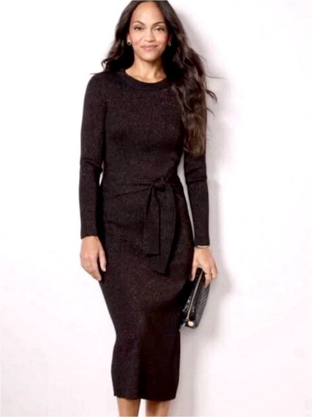 Evereve Alfie Sweater Midi Dress Small Black & Copper Sparkle Bodycon Party Tie